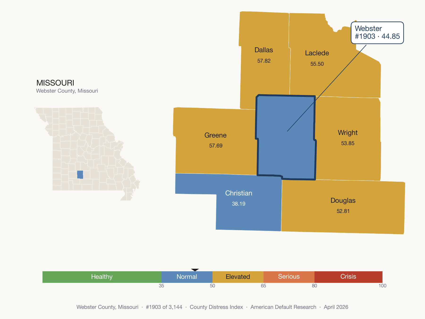 County Distress Index cluster map. Webster County, Missouri and its neighbors colored by distress fifth.