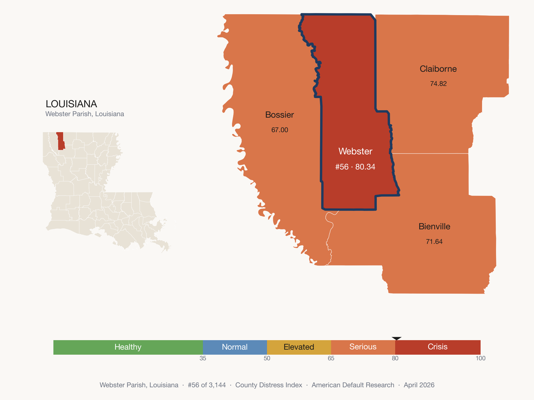 County Distress Index cluster map. Webster Parish, Louisiana and its neighbors colored by distress fifth.