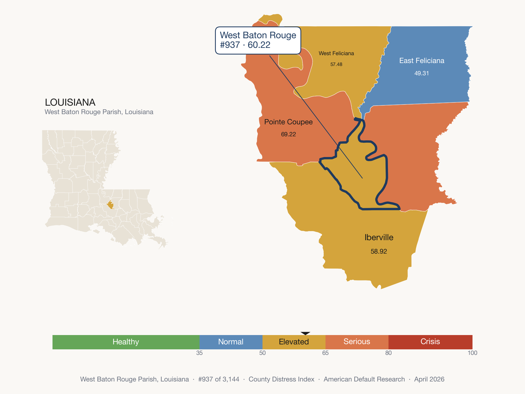 County Distress Index cluster map. West Baton Rouge Parish, Louisiana and its neighbors colored by distress fifth.