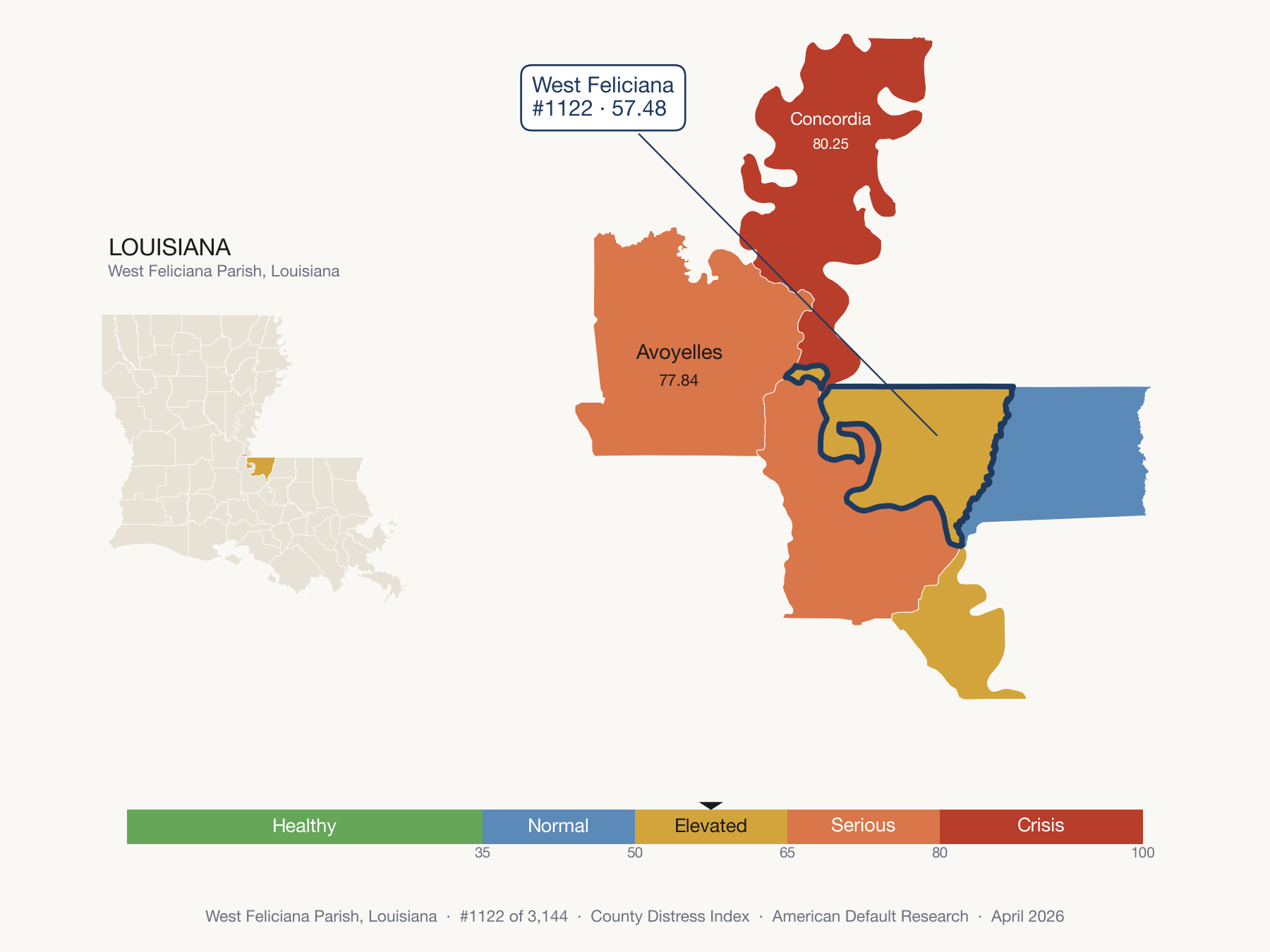 County Distress Index cluster map. West Feliciana Parish, Louisiana and its neighbors colored by distress fifth.