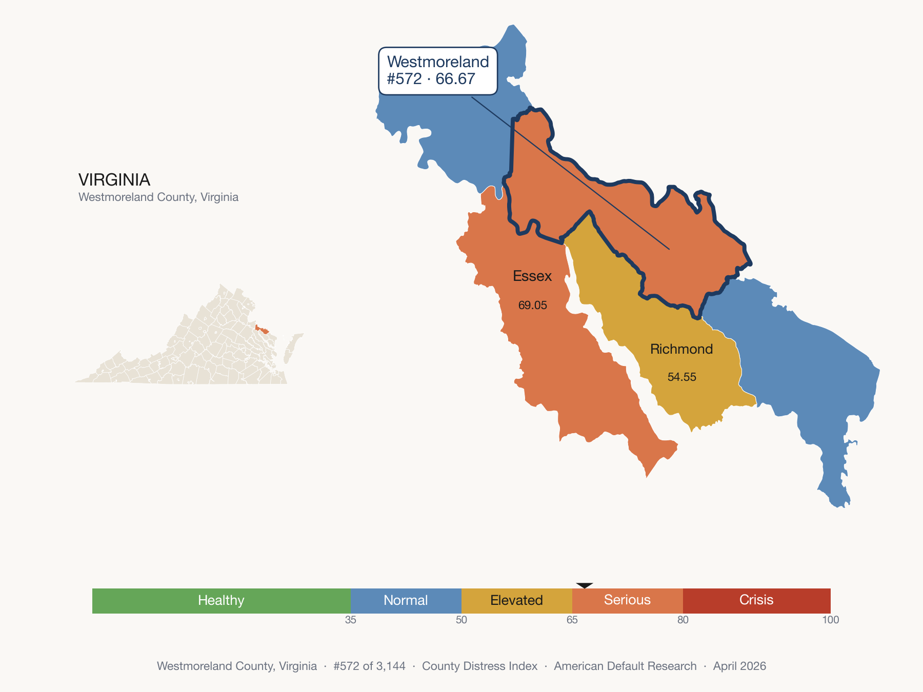 County Distress Index cluster map. Westmoreland County, Virginia and its neighbors colored by distress fifth.