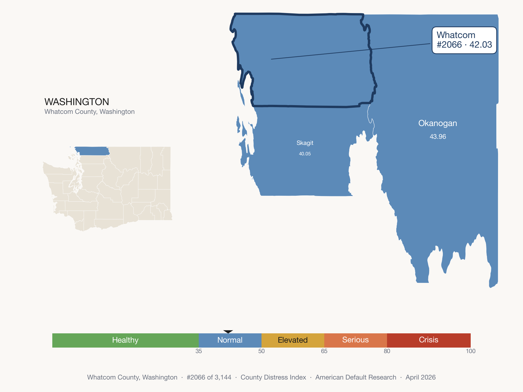 County Distress Index cluster map. Whatcom County, Washington and its neighbors colored by distress fifth.