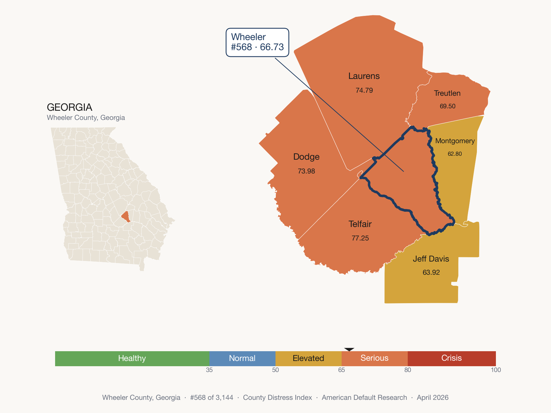 County Distress Index cluster map. Wheeler County, Georgia and its neighbors colored by distress fifth.