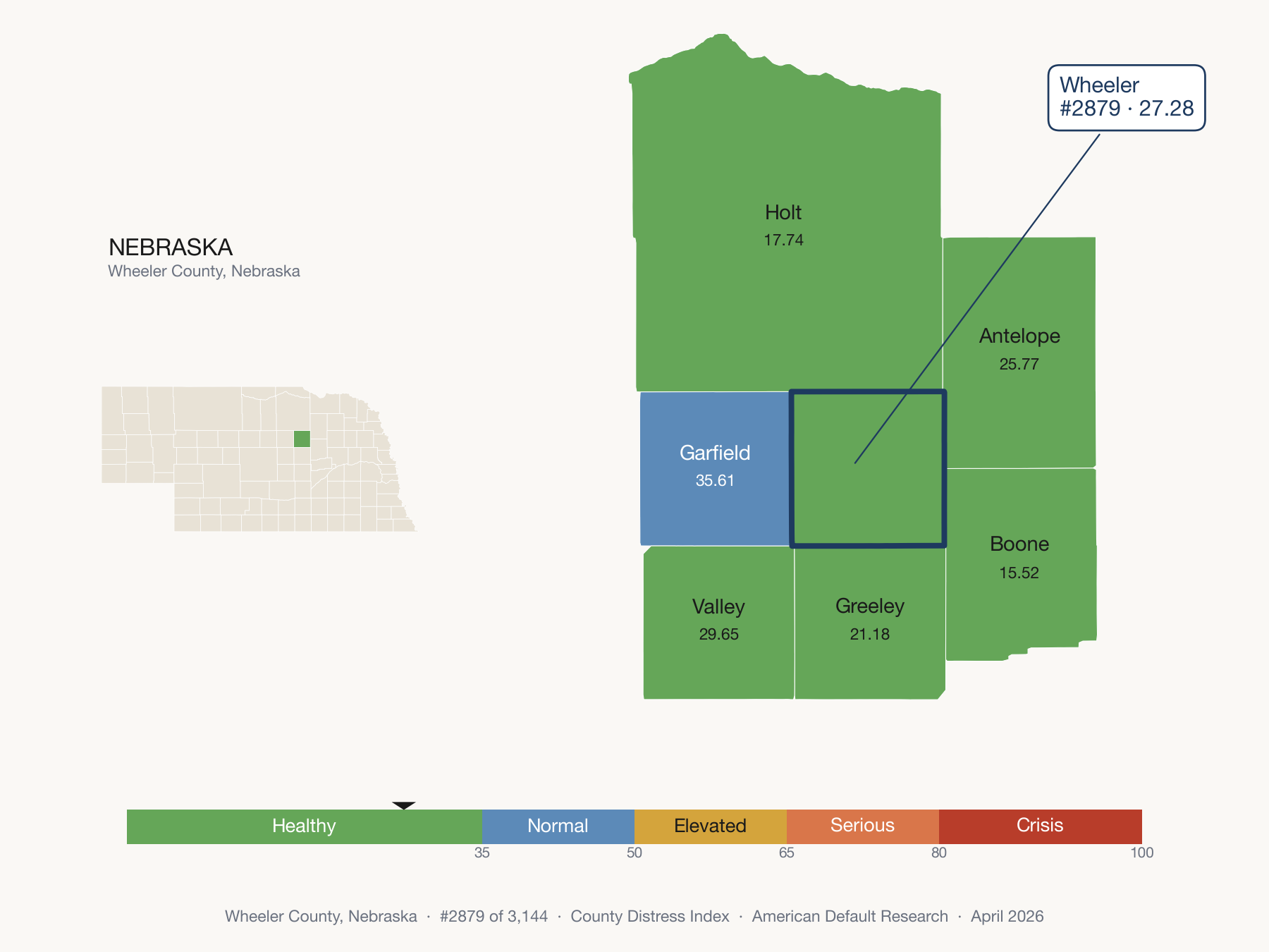 County Distress Index cluster map. Wheeler County, Nebraska and its neighbors colored by distress zone.
