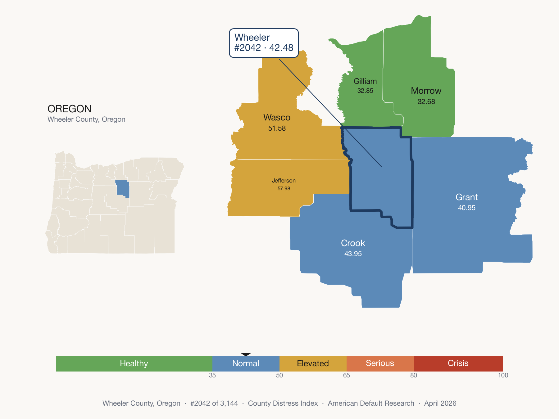 County Distress Index cluster map. Wheeler County, Oregon and its neighbors colored by distress zone.