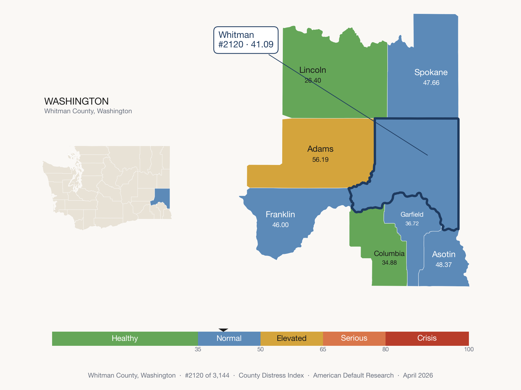 County Distress Index cluster map. Whitman County, Washington and its neighbors colored by distress fifth.