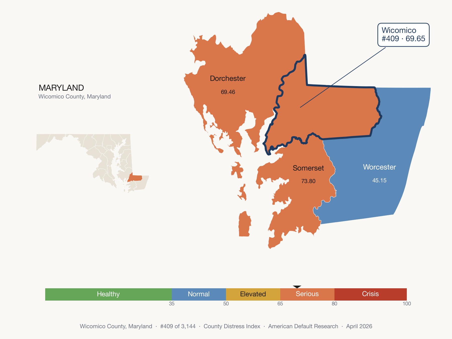 County Distress Index cluster map. Wicomico County, Maryland and its neighbors colored by distress fifth.