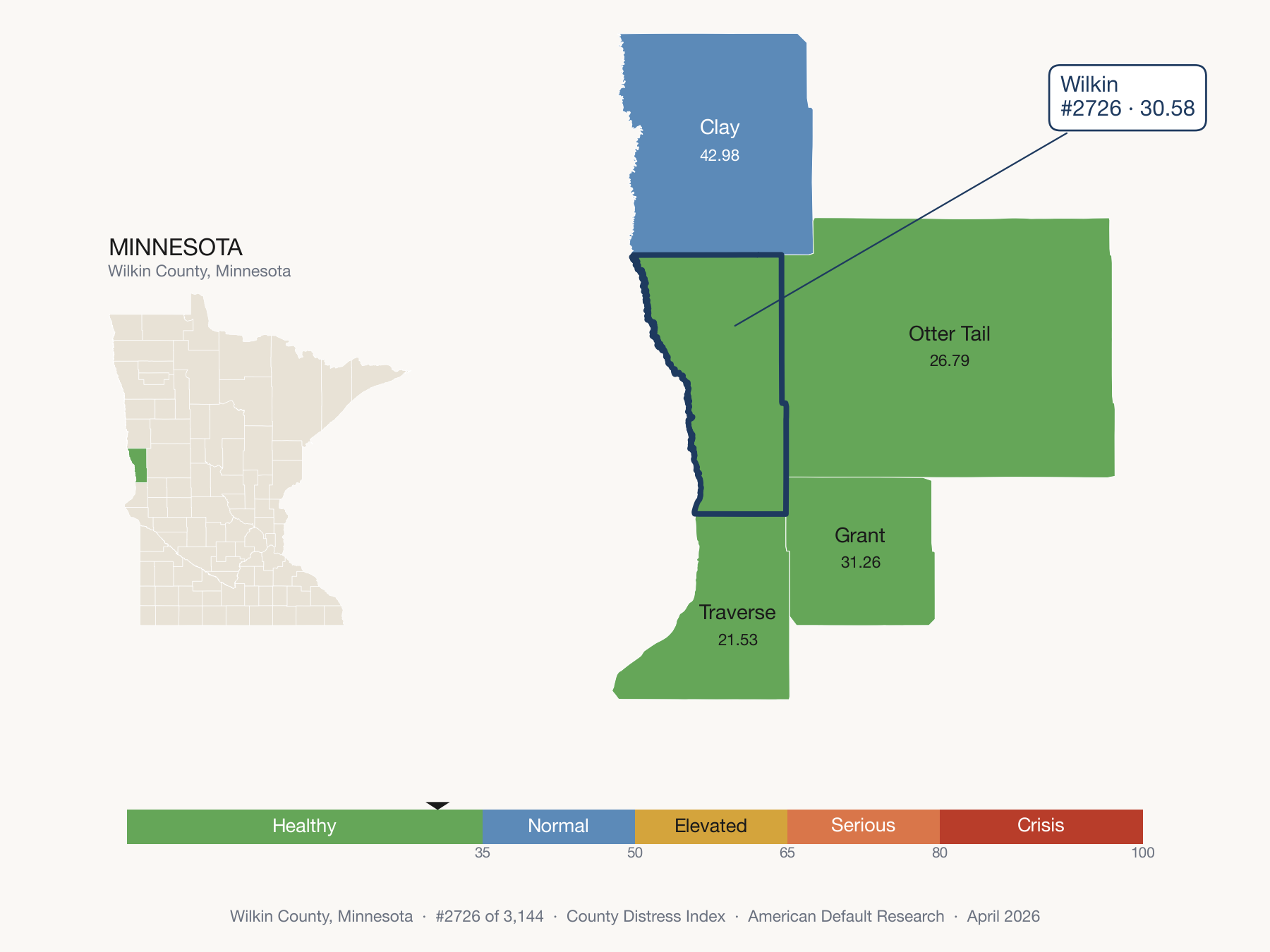 County Distress Index cluster map. Wilkin County, Minnesota and its neighbors colored by distress fifth.