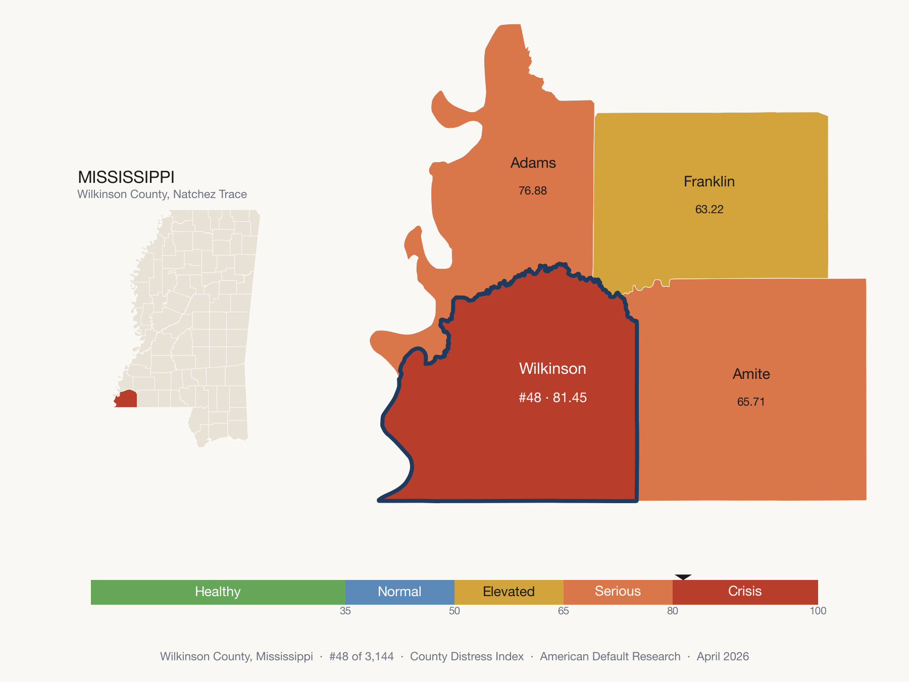 County Distress Index cluster map. Wilkinson County, Mississippi and its neighbors colored by distress zone.