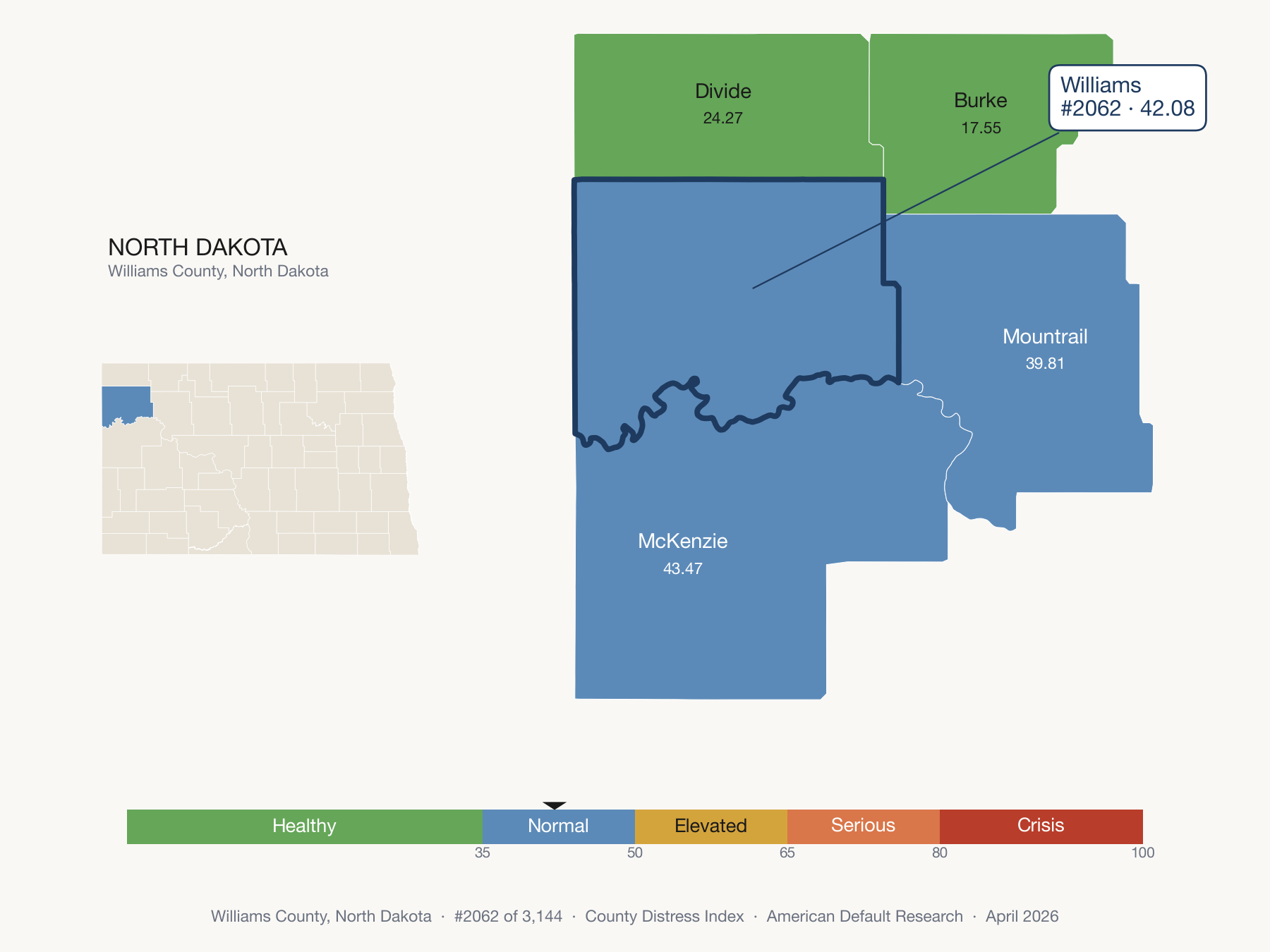 County Distress Index cluster map. Williams County, North Dakota and its neighbors colored by distress zone.
