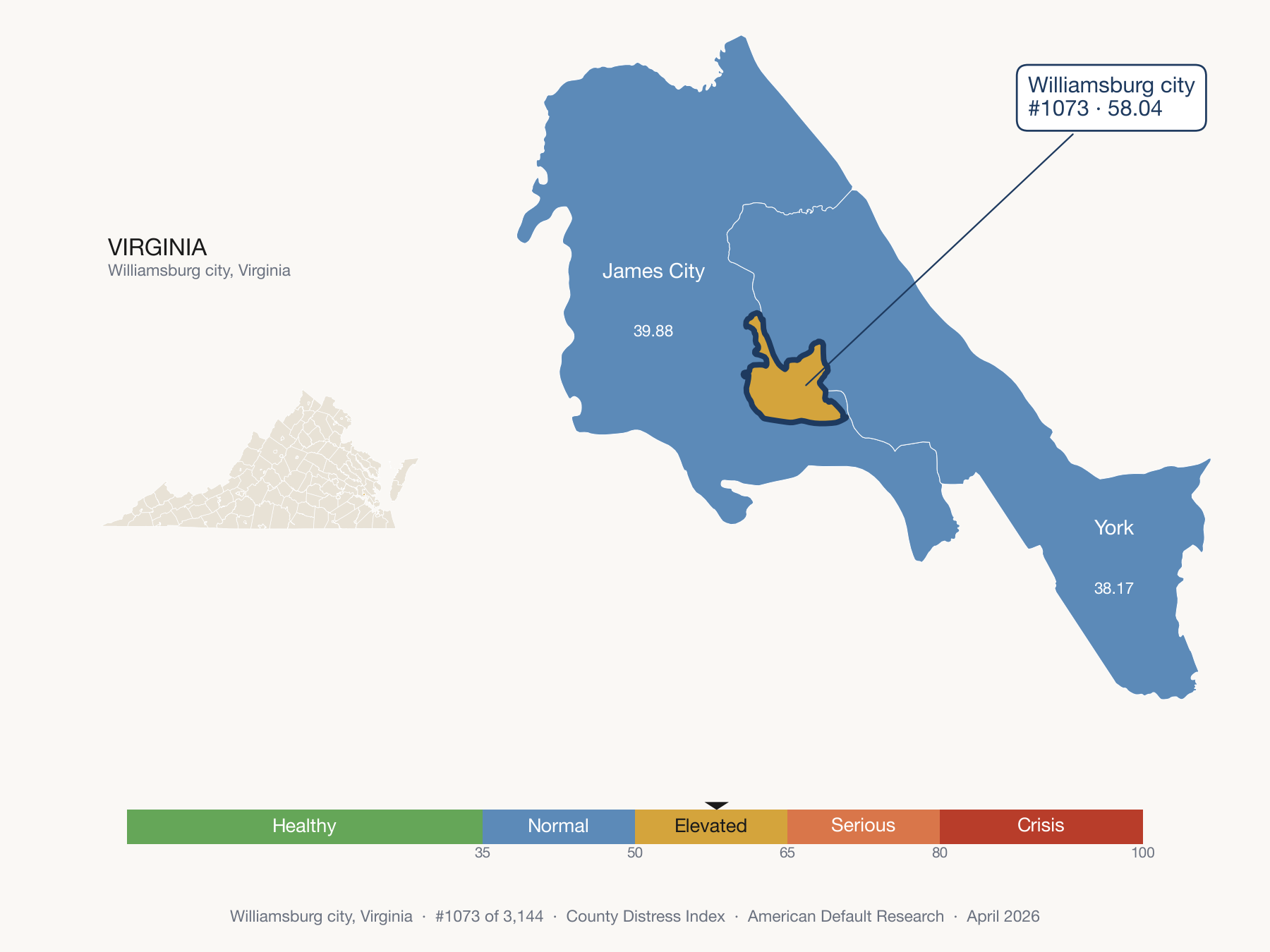 County Distress Index cluster map. Williamsburg city, Virginia and its neighbors colored by distress fifth.