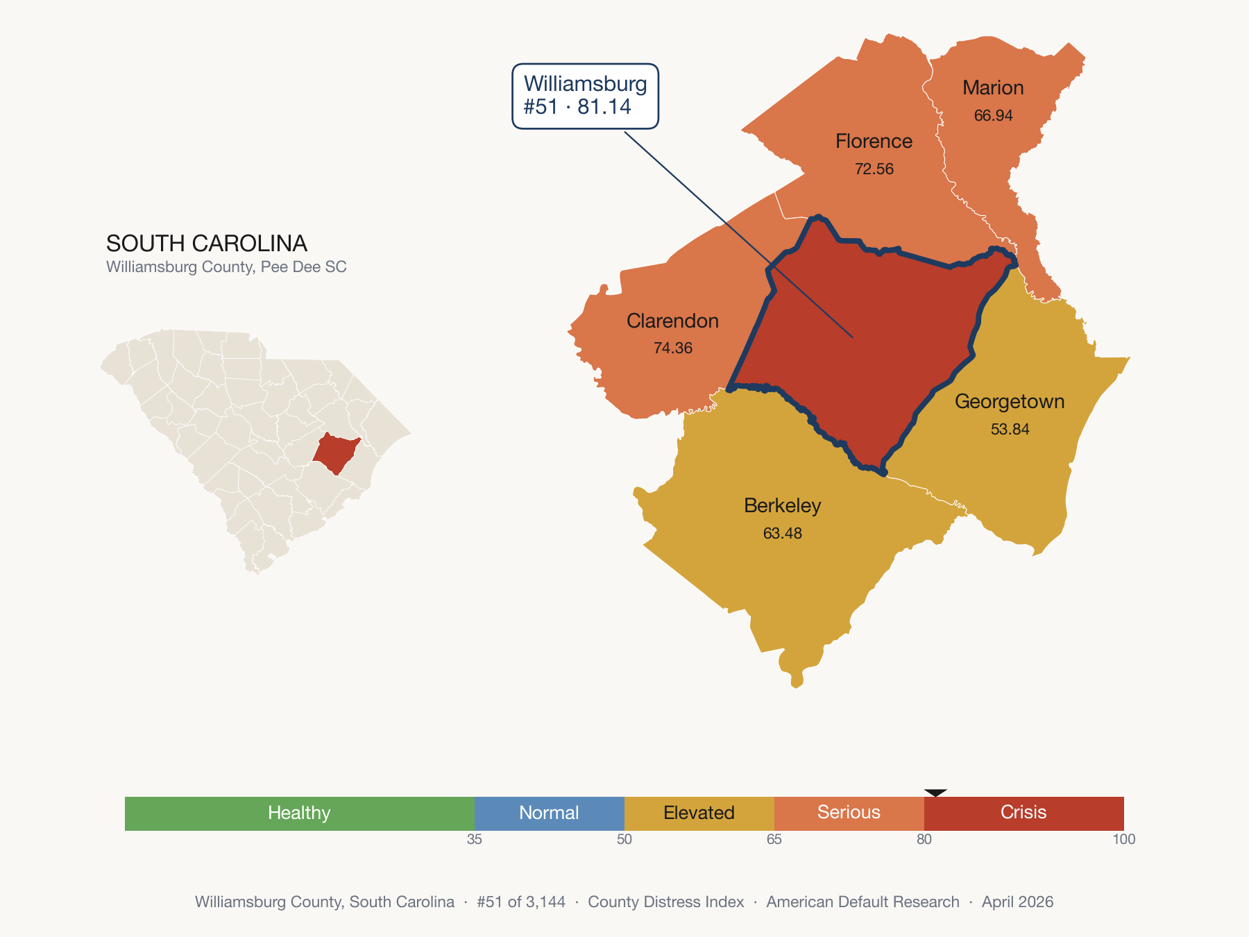 County Distress Index cluster map. Williamsburg County, South Carolina and its neighbors colored by distress fifth.