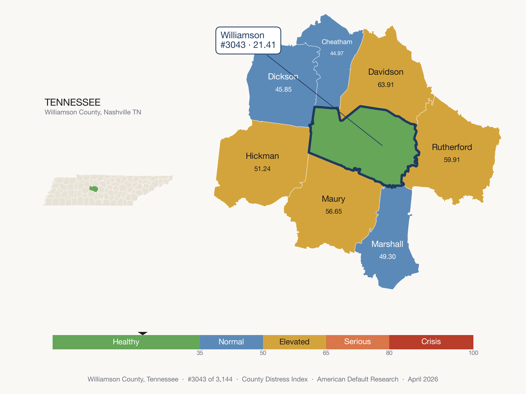County Distress Index cluster map. Williamson County, Tennessee and its neighbors colored by distress zone.