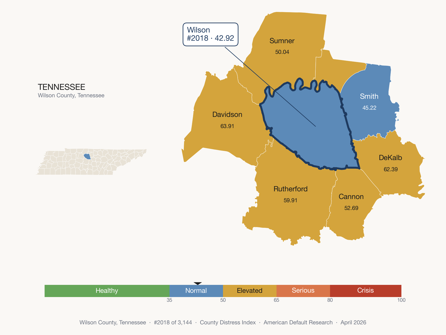 County Distress Index cluster map. Wilson County, Tennessee and its neighbors colored by distress zone.