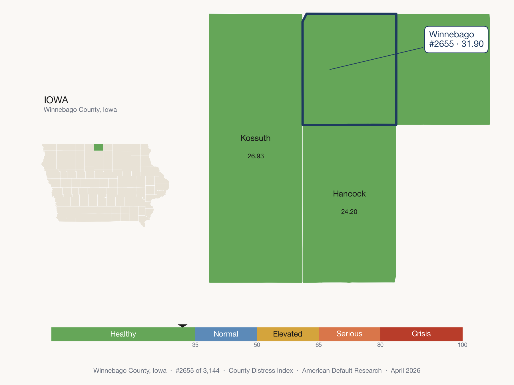 County Distress Index cluster map. Winnebago County, Iowa and its neighbors colored by distress fifth.