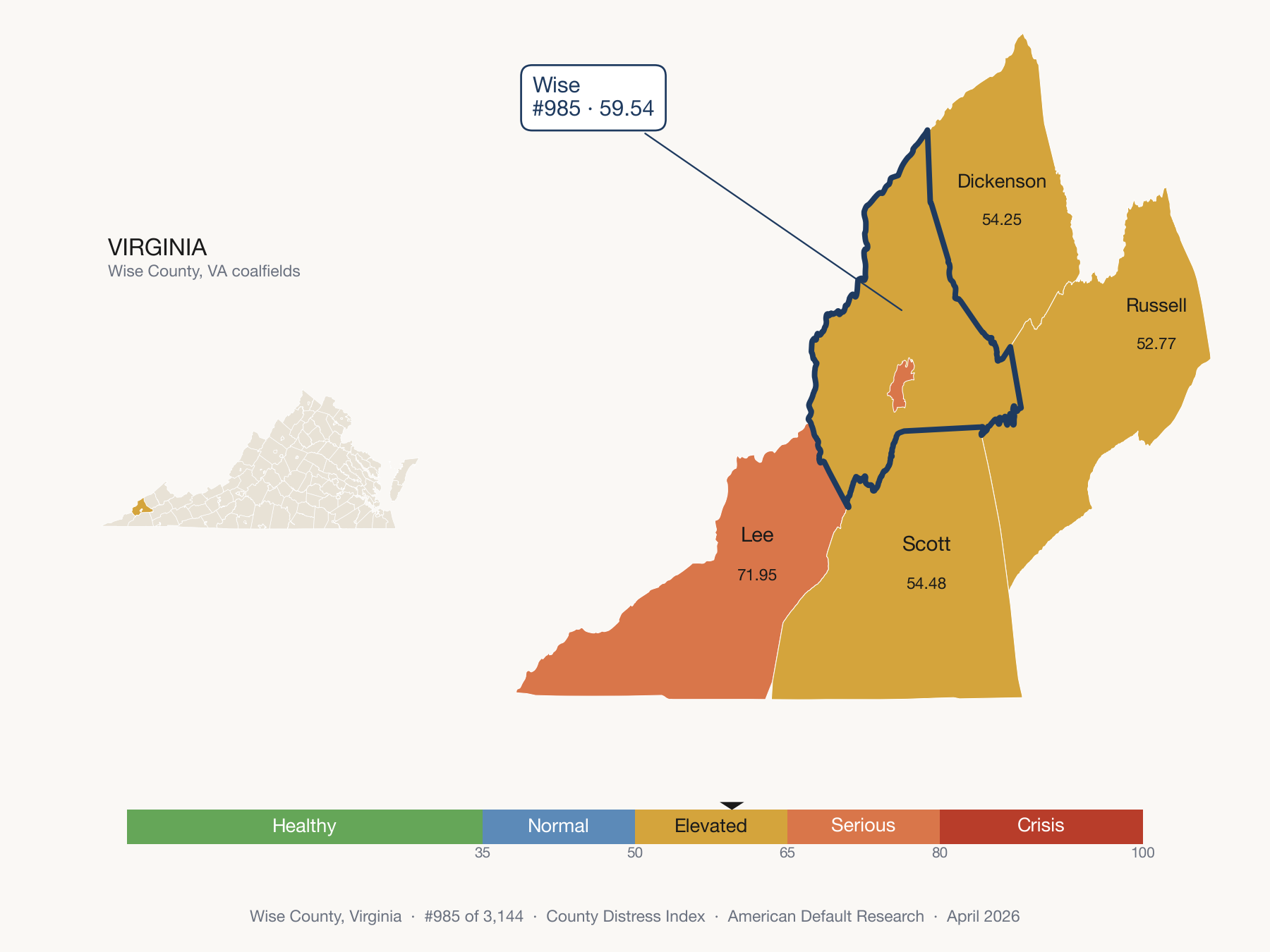 County Distress Index cluster map. Wise County, Virginia and its neighbors colored by distress fifth.