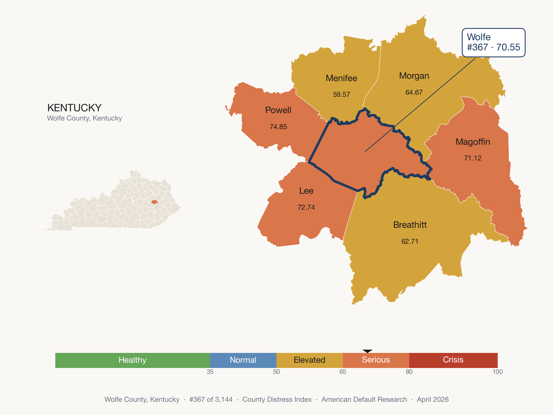 County Distress Index cluster map. Wolfe County, Kentucky and its neighbors colored by distress fifth.