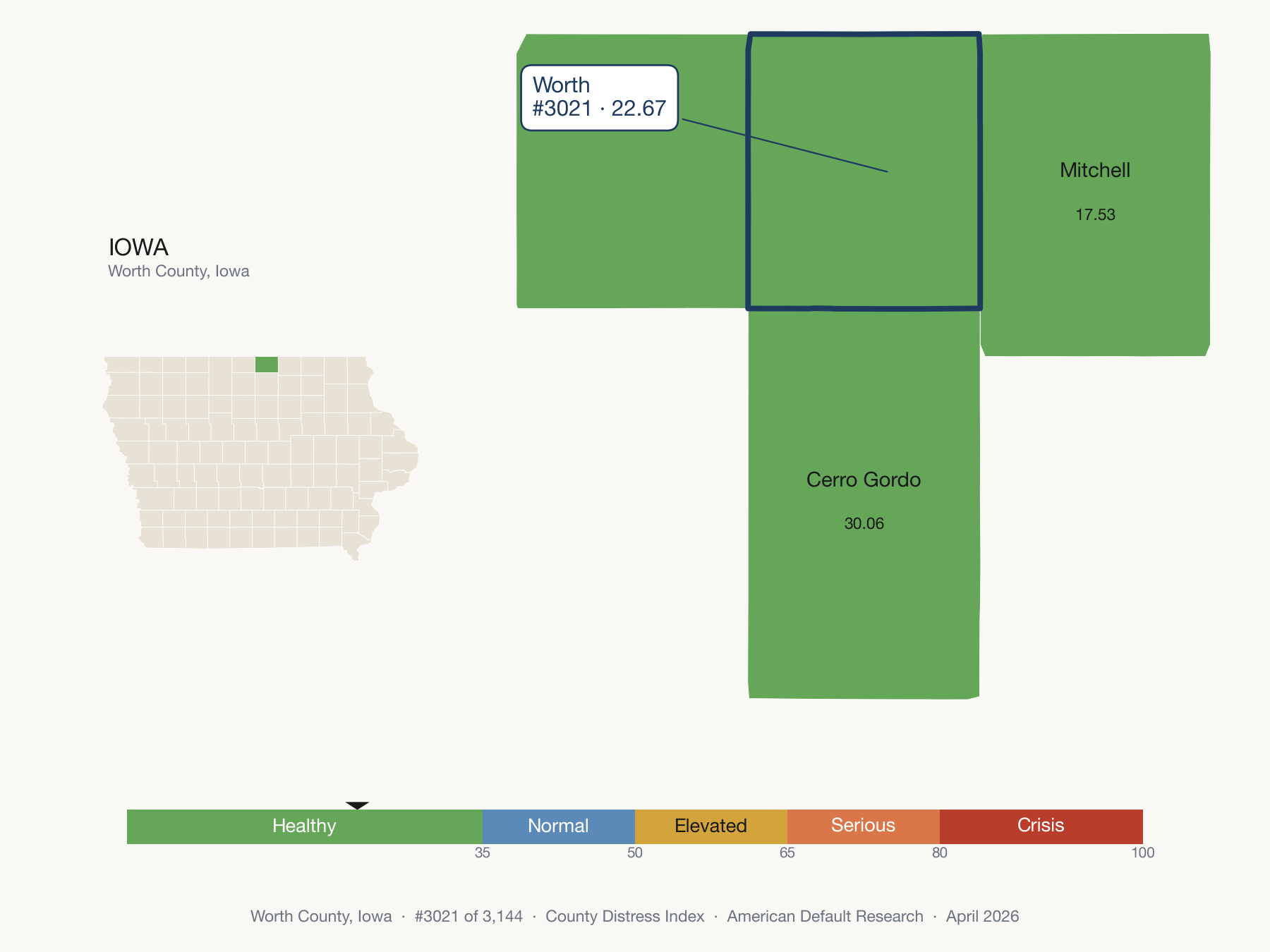 County Distress Index cluster map. Worth County, Iowa and its neighbors colored by distress zone.