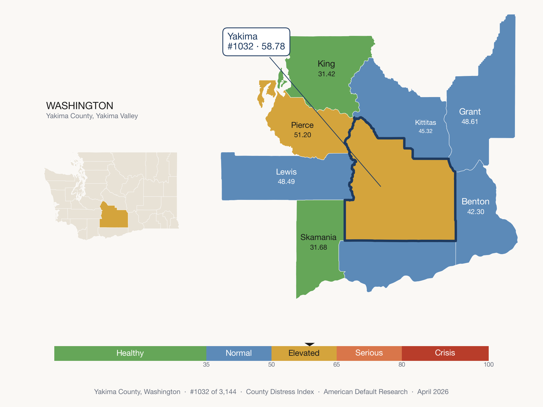 County Distress Index cluster map. Yakima County, Washington and its neighbors colored by distress zone.