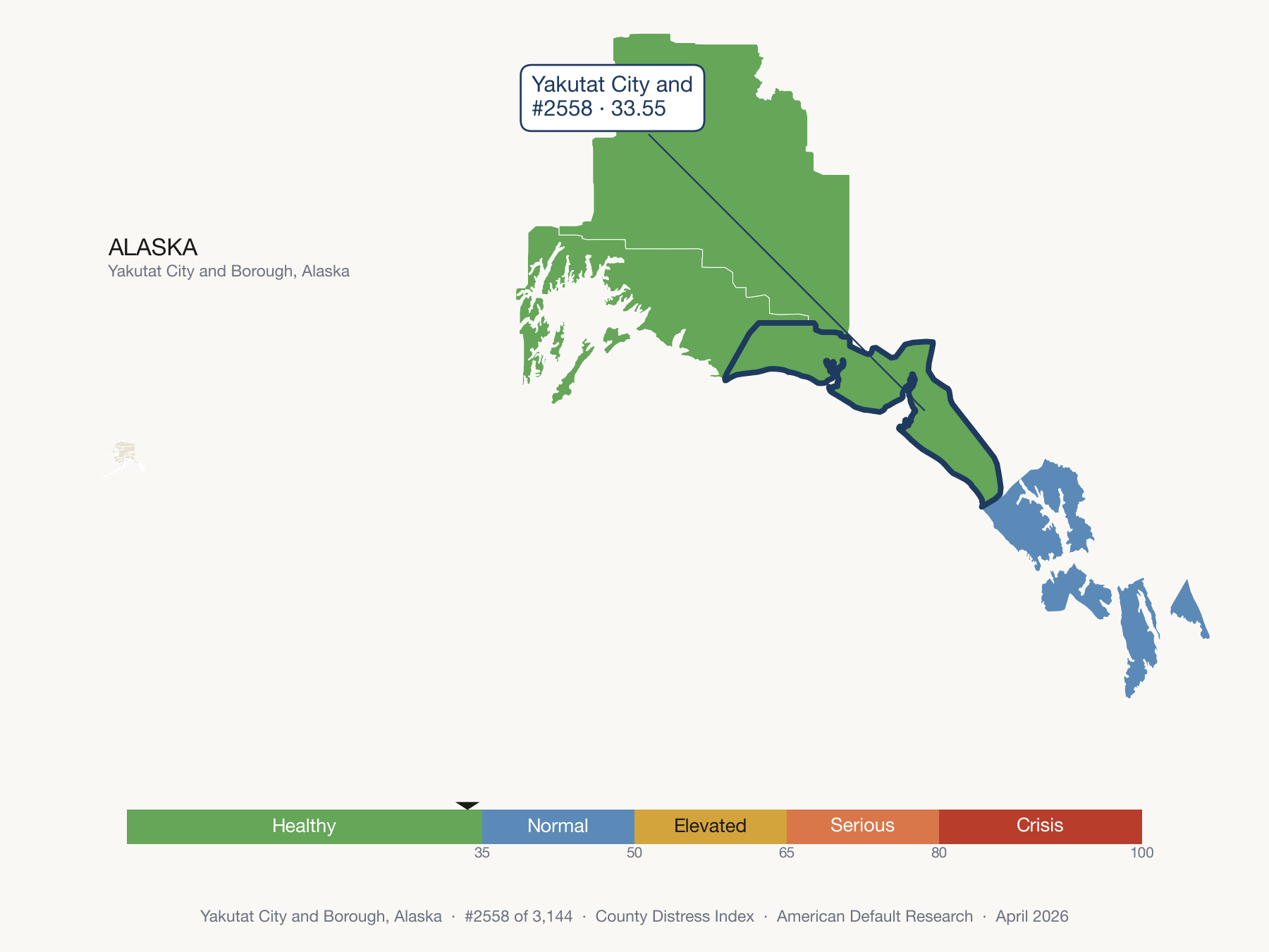 County Distress Index cluster map. Yakutat City and Borough, Alaska and its neighbors colored by distress zone.