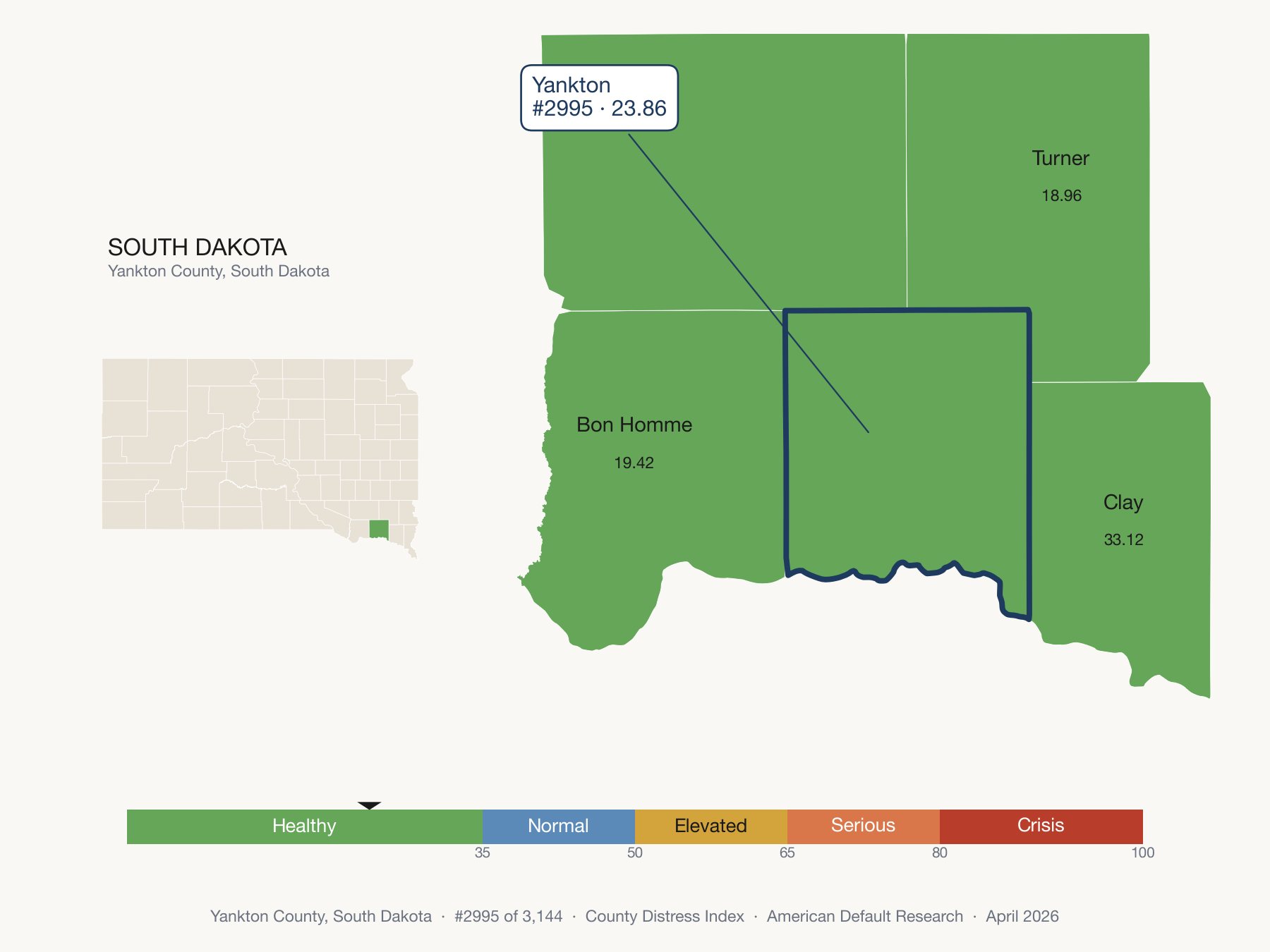 County Distress Index cluster map. Yankton County, South Dakota and its neighbors colored by distress zone.