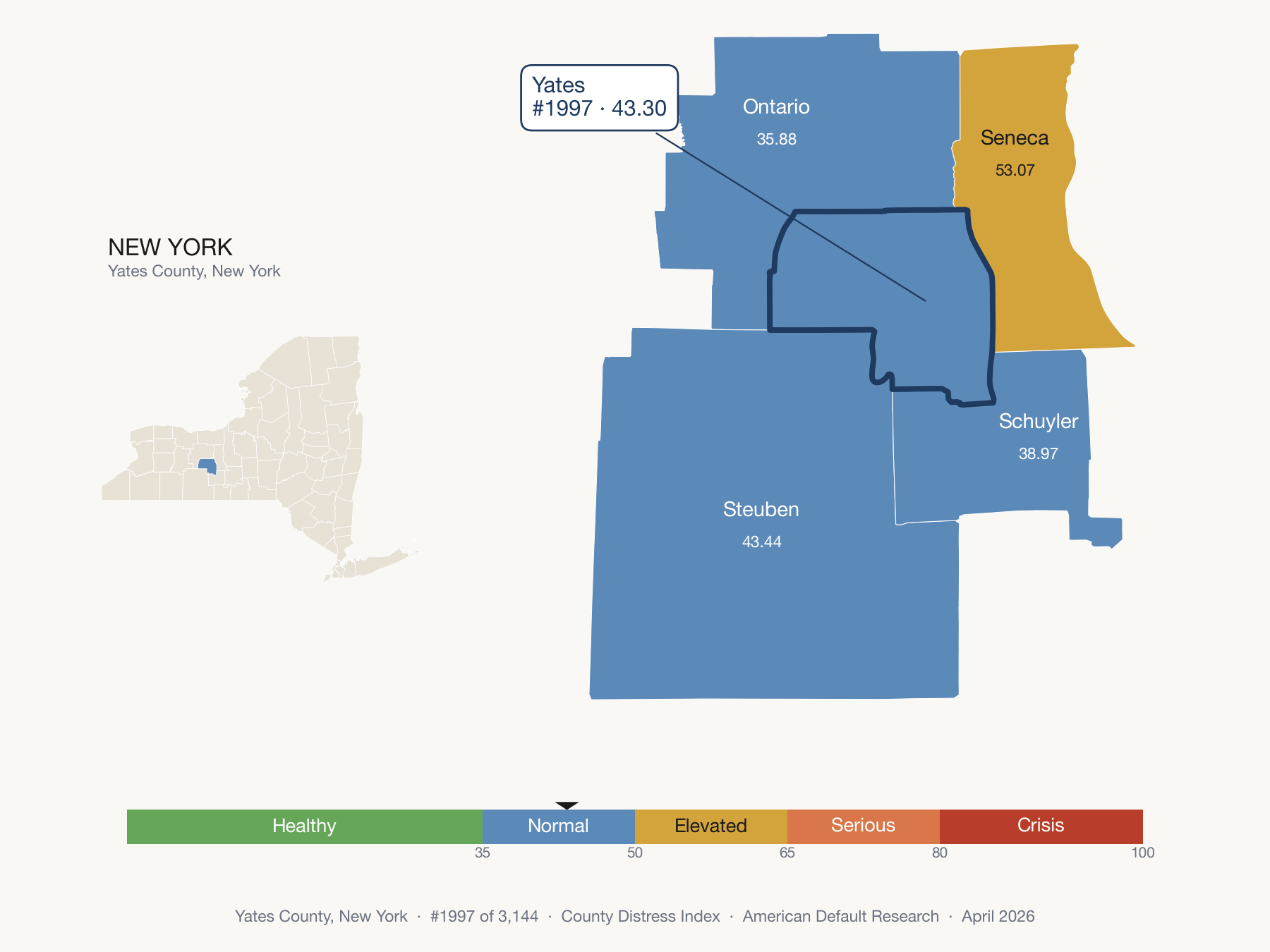 County Distress Index cluster map. Yates County, New York and its neighbors colored by distress fifth.