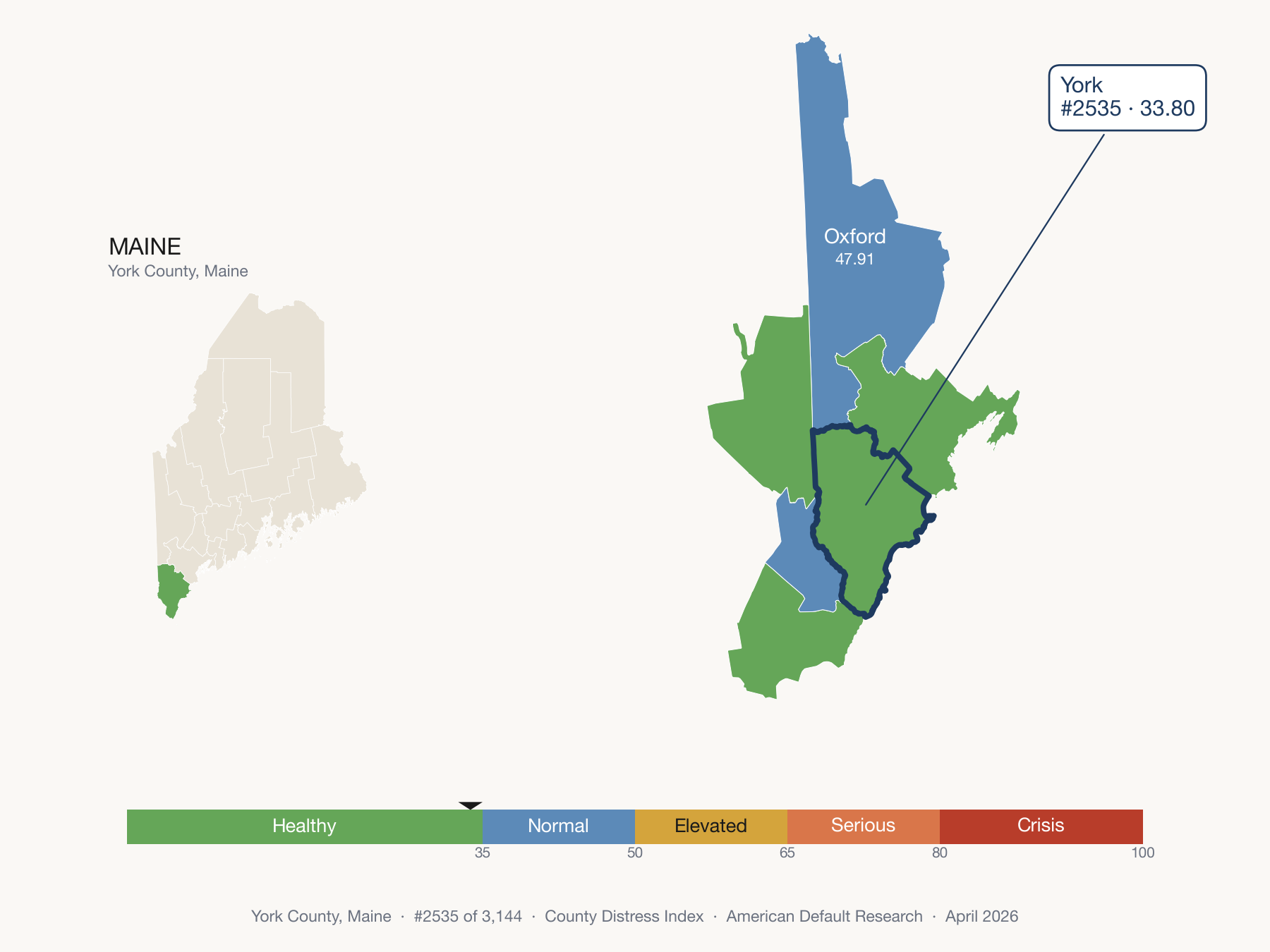 County Distress Index cluster map. York County, Maine and its neighbors colored by distress zone.