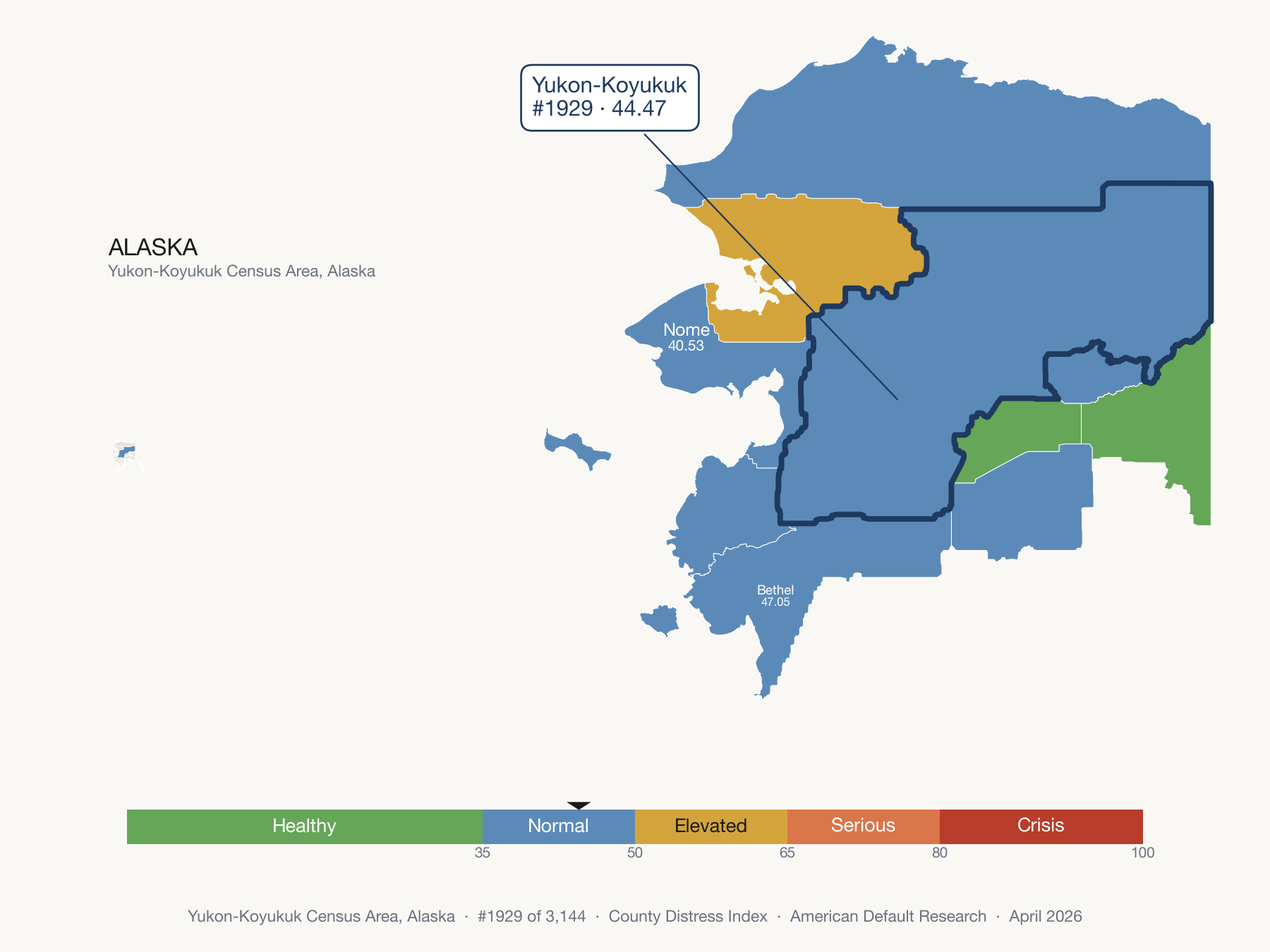 County Distress Index cluster map. Yukon-Koyukuk Census Area, Alaska and its neighbors colored by distress fifth.