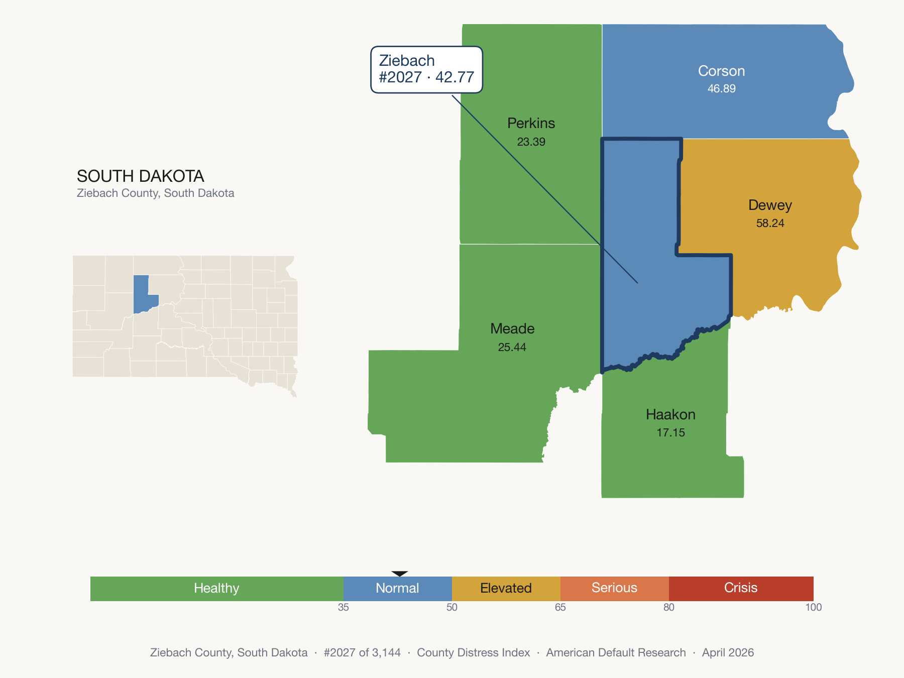 County Distress Index cluster map. Ziebach County, South Dakota and its neighbors colored by distress zone.